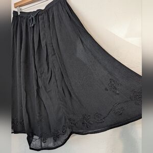 Black Embroidered Flowy Whimsigoth Fairy Grunge Boho Hippie Festival Midi Skirt